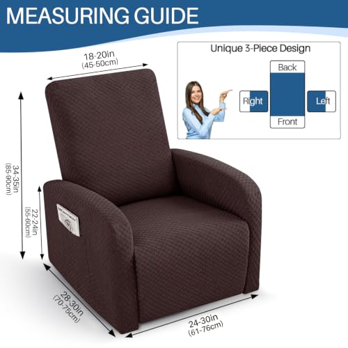 Image of YEMYHOM 3 Pieces Stretch Recliner Slipcover Jacquard Small Recliner Chair Cover with Side Pocket Anti-Slip Fitted Furniture Protector with Elastic Bottom (X-Small Recliner, Dark Coffee)