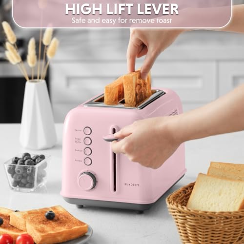 Image of BUYDEEM DT620 2-Slice Toaster, Extra Wide Slots, Retro Stainless Steel with High Lift Lever, Bagel and Muffin Function, Removal Crumb Tray, 7-Shade Settings,Pink