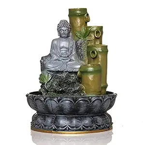 VIVARS Polyresin Table Top Indoor Outdoor Water Fountain with LED Lights for Home Decor Decoration Showpiece Gift Gifting Items Buddha Fountain-Multi (Green)