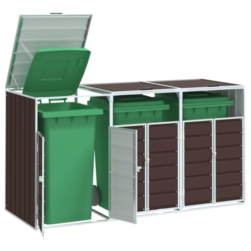 Cubo de basura con ruedas para cubos triples, color marrón, 216 x 81 x 115 cm, acero