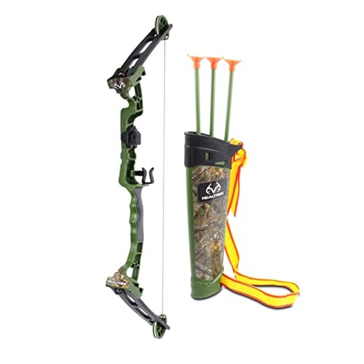 NKOK Realtree Jr. Compound Bow Set; PVC Tipped Suction Cup Arrows Can Be Propelled Up to 40 Feet; 3 Arrows and Target; Red LED Scope; Age 6+