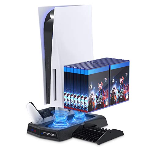 Vertical Stand with Cooling Fan for PS5 Console and PS5 Digital Edition, YUANHOT Charging Station Dock with Dual Controller Charger Ports and Retractable Game Storage for PS5 and DualSense - Black