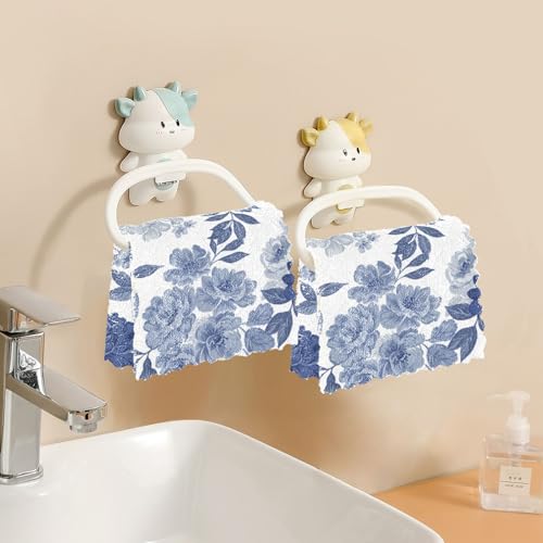 Image of Cotton Kitchen Dish Cloths, Blue Grey Flower Pattern Ultra Soft Absorbent Quick Drying Dish Towels, 11 x 11 Inches, 6-Pack, Reusable Cleaning Cloths
