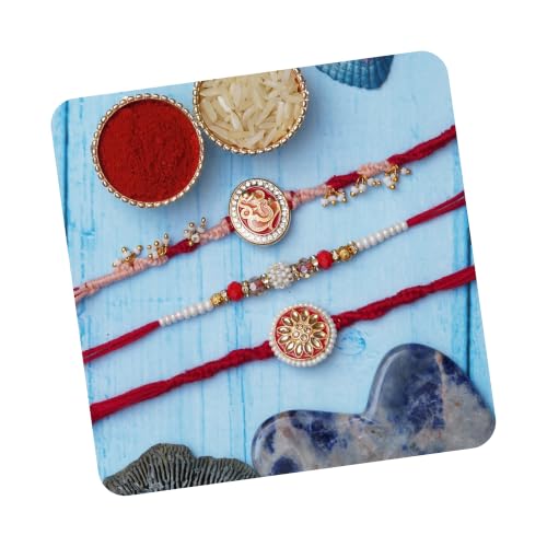 Image of eCraftIndia Multicolor Set of 3 Semi Precious Stone Designer Rakhis with Roli Chawal Pack - Rakhi for Brother