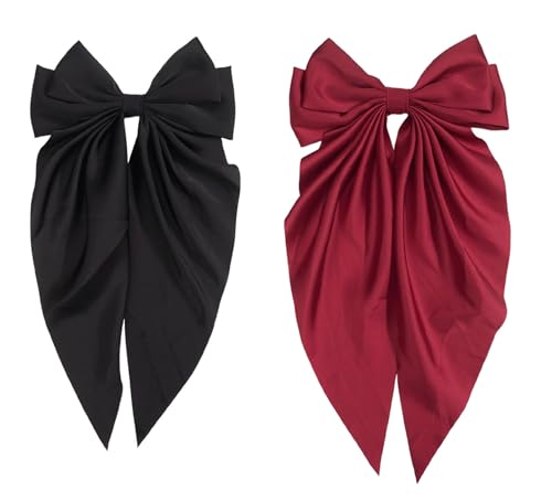 ZOONAI 2Pcs Big Satin Layered Hair Clip for Women Girls, Large Long Bow Hair Clip Bowknot Hairpin Hair Accessories (Black Wine Red)
