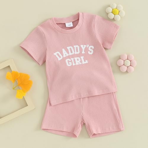 CREAIRY 2Pcs Newborn Baby Girl Outfits Daddy\'s Girl Knitted Short Sleeve T-Shirt Tops Shorts Pants Set Toddler Summer Clothes (Pink, 18-24 Months) - Thumbnail 6