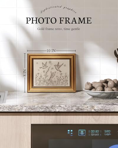 Image of VIYYIEA Vintage Gold Framed Wall Art for Living Room, Birds & Flowers Canvas Prints Home Decor, Sketch Painting Picture, Bedroom Wall Decor Gifts for Friends or Family -【Birds & Flowers】-(10L x 8W)