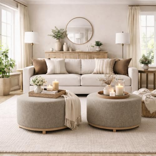 Image of HomePop 32 inch Haven Ottoman with Wood Base - Midtone Gray Fabric