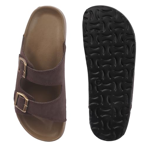 Image of Men's Double Buckle Sandals | Adjustable Strap Slip-On Comfort Slides | Cushioned Footbed Anti-Skid Casual Slippers for Regular Wear Indoor Outdoor
