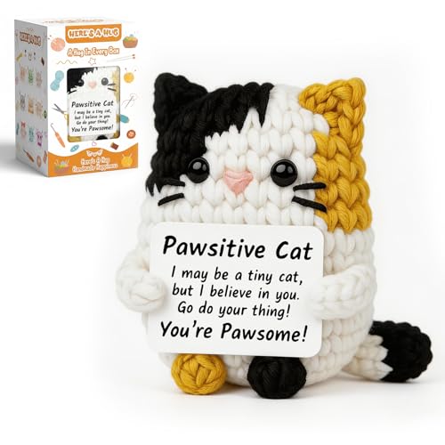 RYOTKIK Positive Crochet Cat Animal Emotional Cheer Up Support Gifts Funny Crochet Mini Handmade Cat for Women Men Friends Mom Birthday Christmas Mothers Day Graduation Gifts