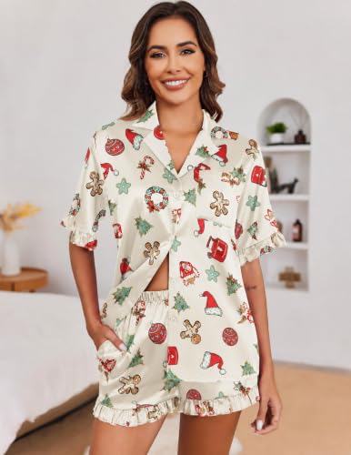 Image of Ekouaer Satin Pajama Set for Women 2 Piece Pj Sets Short Sleeve Sleepwear