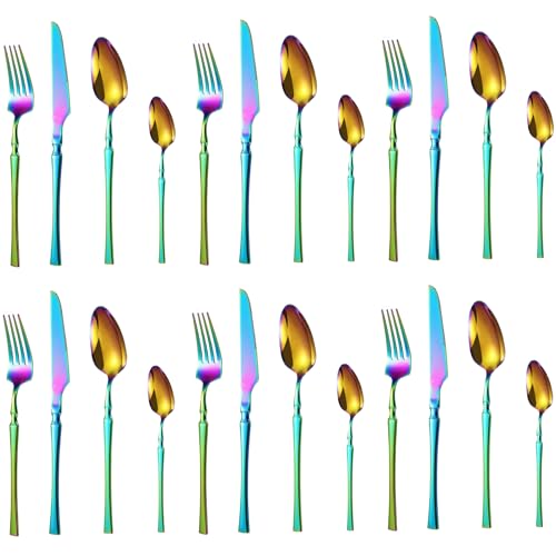 Image of aDai Rainbow Silverware Set | Satin Finish 24-Piece Korean Vintage Style Flatware Set | Dishwasher Safe Stainless Steel Cutlery for Home, Restaurant & Gifting