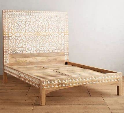 Image of Arman Handicrafts Solid Wood King Size Bed with Handcrafted Carved Headboard | Wooden Platform Bed Frame for Bedroom | Traditional Design King Bed | Natural Finish