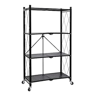 Simple Deluxe 4-Tier Heavy Duty Foldable Metal Rack Storage Shelving Unit with Wheels Moving Easily Organizer Shelves Great for Garage Kitchen, Black, 1-Pack