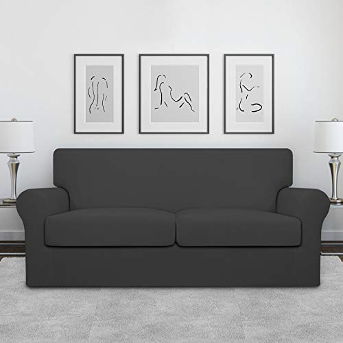 Image of Easy-Going Oversized 3 Pieces Stretch Fleece Soft Loveseat Sofa Couch Cover for Pets - Washable Sofa Slipcover for 2 Separate Cushion Couch - Elastic Furniture Protector for Dogs, Kids, Dark Gray