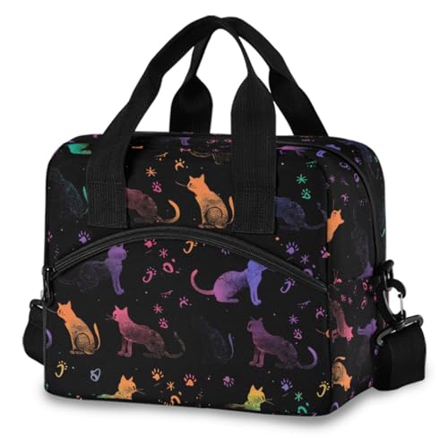 Cat Colorful Black Lunch Bag, Insulated Lunch Tote Bags Cooler Reusable Lunch Box Food Container with Adjustable Shoulder Strap for Women Men Adults