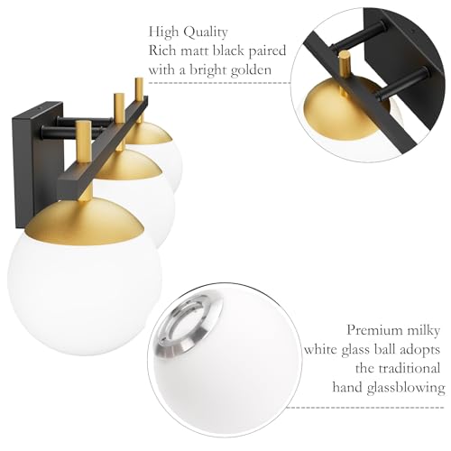 Image of Ralbay Mid Century Modern Bathroom Vanity Lights Black and Gold Milky Glass Modern Bathroom Vanity Lights Over Mirror, Black /Golden 3-Light (Exclude Bulb)