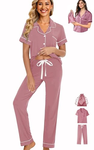 Womens 3Pcs Pajamas Set Soft Pajama Sets Button Down Pjs Set Knit Sleepwear Lounge Sets with Long Pants XS-XXL