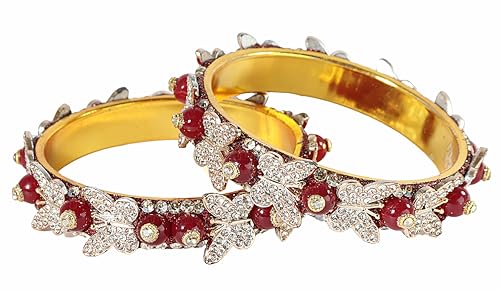 Image of LAVAZZA Stylish Butterfly Design Golden Metal with Zircon Diamond & Pearls Moti Bangles Kada For Women & Girls | Traditional Girl's Bangles Bracelet | Women's Kangan Wedding, Party-Set of 2