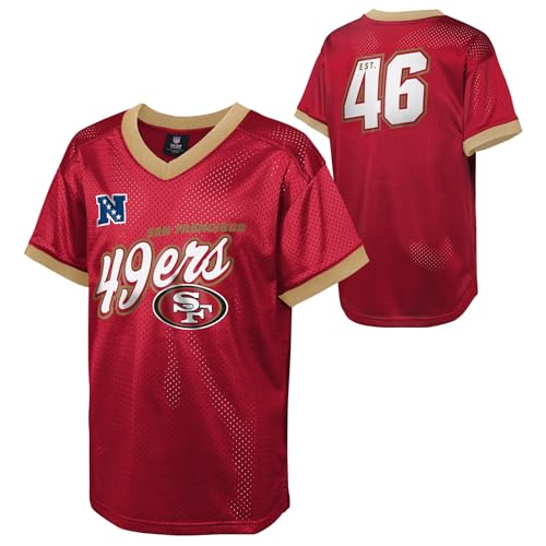 NFL Kids Youth Boys 8-20 Officially Licensed Division Established Team Color Mesh V-Neck Wordmark Primary Logo Jersey - San Francisco 49ers - Red - Medium 10/12