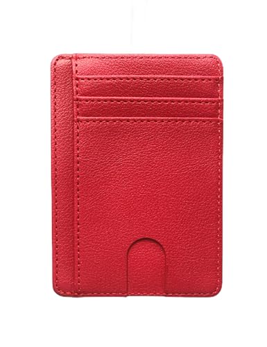 Carteira fina com bolso frontal minimalista de couro com bloqueio de RFID, Vermelho, Carteira RFID