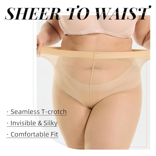 Image of 2 Pairs Plus Size Tights for Women, 40D Semi Sheer T-Crotch Pantyhose High Waist Stockings with Reinforced Toe
