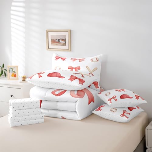 Image of Watercolor Bowknot 7 Pcs Comforter Set with Sheets Twin Size Sports Baseball Cap Baseball Bedding Sets for Kids Girls Women Cartoon Bow Ribbon Girly Bedroom Dorm Decor Lightweight Bed Set All Season