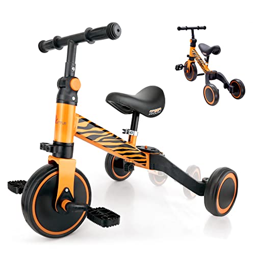 3 in 1 Kids Tricycles - Balance Training Bike Convertible Toddler Walker Riding Toys for 10 Month to 3 Year Old Boys Girls w/Removable Pedals, Carbon Steel Frame, Adjustable Seat Height (Tiger)