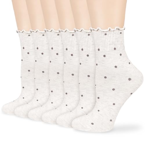 Image of Mcool Mary Women's Ruffle Socks,Casual Ankle Breathable Knit Cotton Cute Polka Dot Crew Frilly Sock 6 Pack
