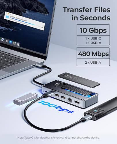 Image of ORICO USB-C Hub with M.2 SSD Enclosure, 8-in-1 USB C Docking Station Fits M.2 NVMe /SATA SSD, 10Gbps, 4K@60Hz HDMI, 100W PD, Ethernet - OM28PR