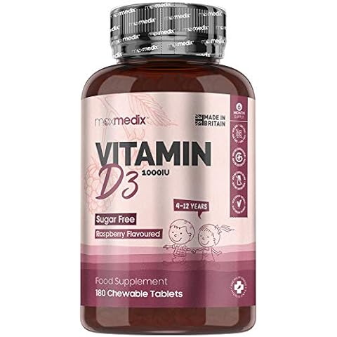 Vitamin D for Kids 1000iu - 180 Vitamin D3 Chewable Tablets (6 Months Supply) - Kids Vitamin D (Raspberry Flavoured) - Vitamin D3 for Children Aged 4 to 12 - Sugar Free Kids Vitamins, Non-GMO Cover