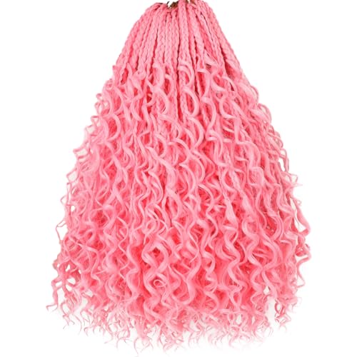 Beverlee 14 Inch Boho Box Braids 8 Packs Goddess Box Braids Crochet Hair Bohemian Hippie Braids Braiding Hair Box Braids with Curly Ends Messy Pre-looped Synthetic Crochet Hair for Women Pink#