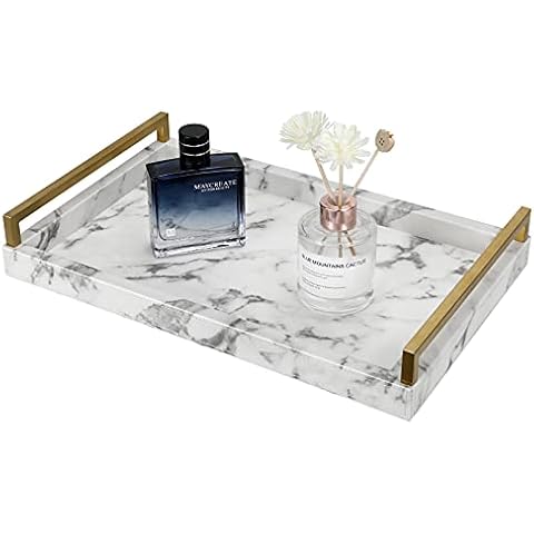 Shinowa Dekotablett, PU Leder Serviertablett mit Goldenen Metallgriffen Kosmetiktabletts Aufbewahrungstablett für Couchtisch Küche Hochzeit Wohnzimmer Tisch Dekoration, Marmor Weiß Cover