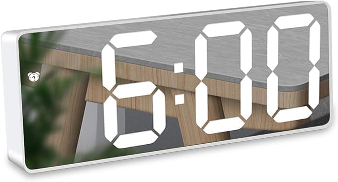 IKHPHE Digital LED Mirror Alarm Clock with Temperature, Calendar, Voice Control Night Mode, Date Display for Bedroom - Adjustable Brightness, Snooze (White)