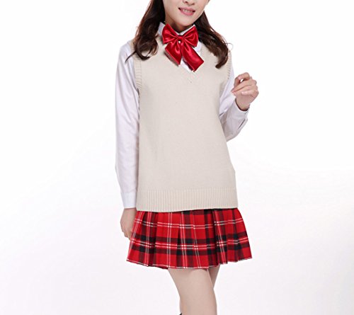 Image of Men Women Knitted Cotton V-Neck Vest JK Uniform Pullover Sleeveless Sweater School Cardigan