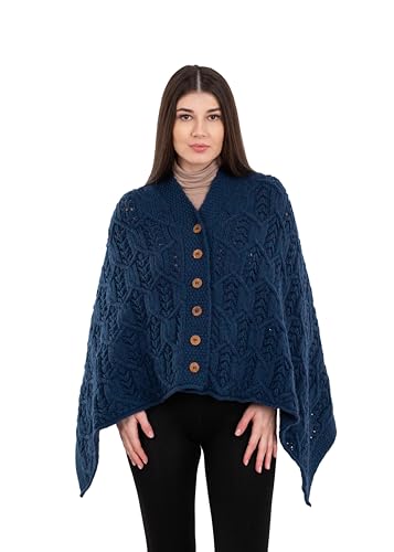 Image of SAOL Aran Poncho 100% Merino Wool for Ladies with Buttons V-Neck Shawl Cardigan