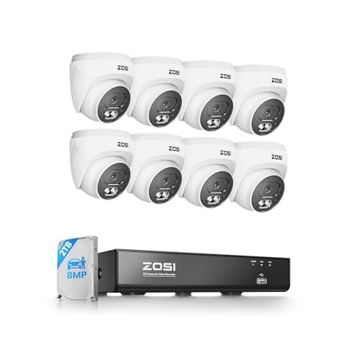 ZOSI C220 4K 8MP 8CH POE NVR Security Camera System (16CH Expandable), 8 x 8MP PoE IP Dome Cameras Outdoor Indoor, AI Human/Vehicle/Face Detection, One-Way Audio, 100ft IR Night Vision, 2TB