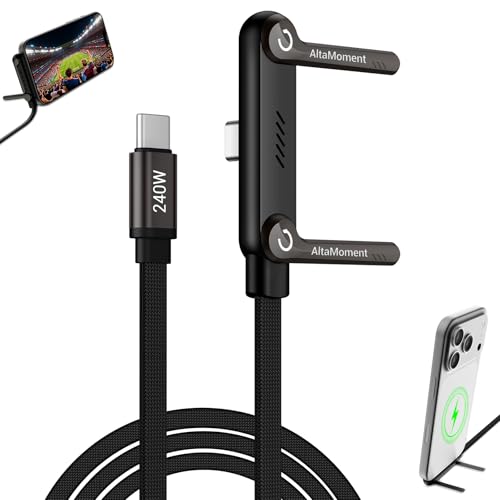 AltaMoment Invisible Holder Charger Cable 240W PD Fast Charging Cable for Desk USB-C to USB-C Cable 4.9 FT with 360 Adjustable Metal Stand 2 in 1 Holder Charger for Gaming Office Home