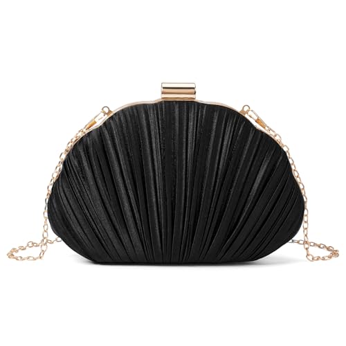 Image of RNIEGA Pleated Satin Seashell Evening Clutch Purse for Women Elegant Clutch Handbag Shoulder Bag with Chain for Wedding