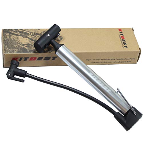 Kitbest Bike Pump, Aluminum Alloy Portable Bike Floor Pump, Mountain, Road, Hybrid & BMX Bike Tire Pump, Floor Bicycle Air Pump Compatible with Presta & Schrader Valve & Sports Ball (Silver)