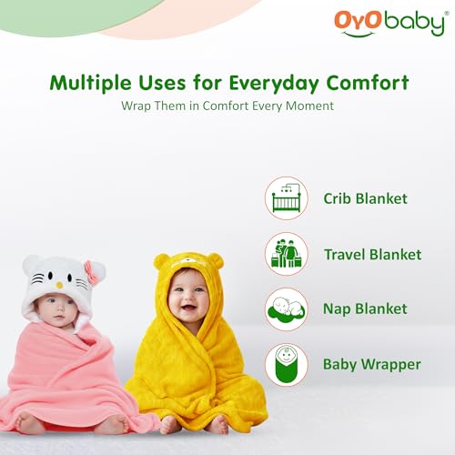 Image of OYO BABY Fleece Newborn Baby Blanket Combo - Hooded Baby Wrapper with Funny Cap, Bath Towel & Blanket (0-12 Months, Pink Kitty & Yellow Tiger, Pack of 2)