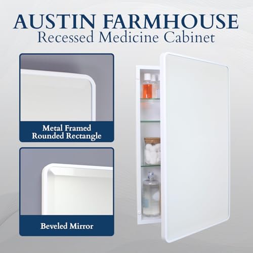 Image of 16x26 Austin Farmhouse Metal Framed Rounded Rectangle Recessed Bathroom Medicine Cabinet, Beveled Mirror, 14x24 in-Wall Opening, powder-coated Steel, Adjustable Glass Shelves, Magnet Close, Chrome