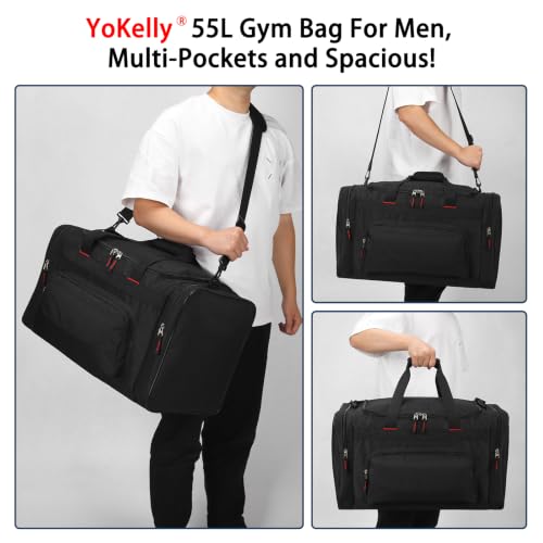 Image of 55L Gym Sport Duffle Bag for Men, Black | 22 inch, Large Capacity, Multi Pockets, Weekender, Travel, 22 inchx12 inchx13 inch