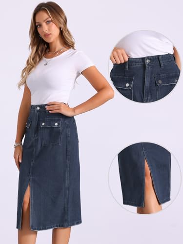 Allegra K Casual Jean Skirt for Women's High Waist Front Slit Split Hem Denim Skirts with Pockets2