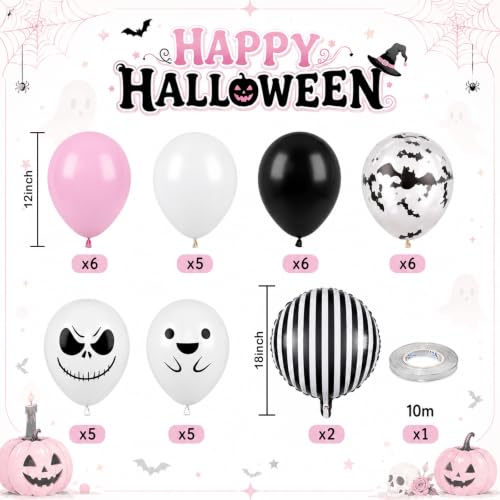 Image of Pink Black Halloween Balloons with Bat, Ghost Prints Stripe foil Balloon