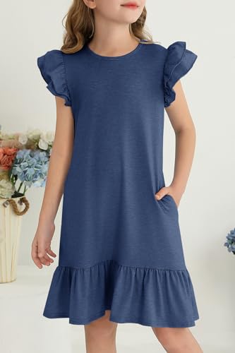 YOVION Girls Summer Dresses Boho Ruffle Sleeve Tiered Swing Casual Dress with Pockets for 6-12 Y3