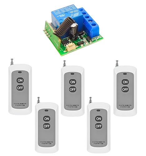 Image of Roboway 433MHz 1-Channel RF Relay Receiver with EV1527 2-Button Remote | Universal Wireless Remote Control Switch for Lights, Fans, Garage Door, Home Automation (5 Remote and 1 Receiver)