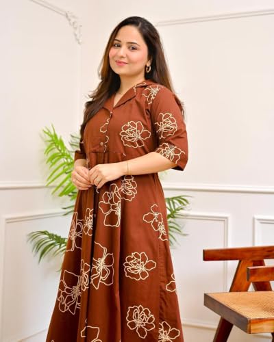 Image of Womens Printed Rayon Anarkali Shirt Collor Kurta for Girls Regular Fit Casual Wear Gown