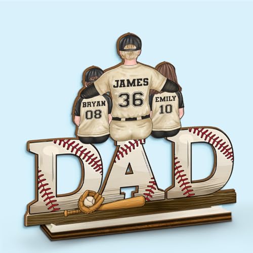 DOPTIKA Personalized 2D Baseball Plaque With Stand, Fathers Day Baseball Gifts For Dads, Best Dad Ever Gifts, Dad Gifts From Daughter, Son, 2025 Wooden Plaque For Fathers Day Decorations (1 Kid)