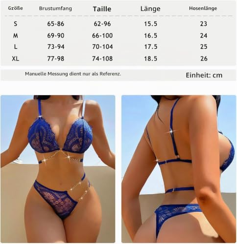 Dessous Damen Sexy Unterwäsche Lingerie Spitzen Set mit Kettenelement Triangel BH Netzoberteil Transparent Mesh Reizwäsche Dessoussets Netzbody Fishnet – Bild 2